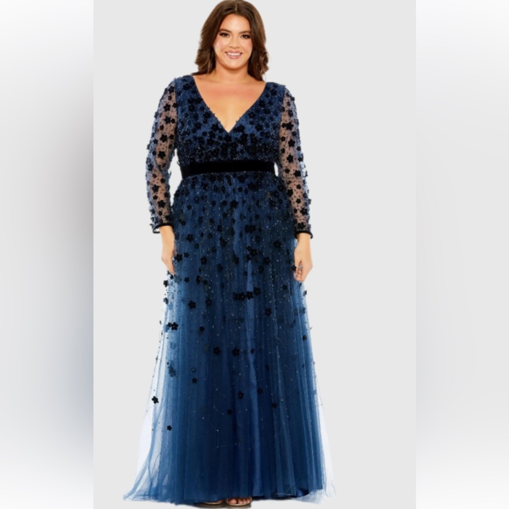Mac Duggal Navy Blue Embroidered V-Neck Evening Gown